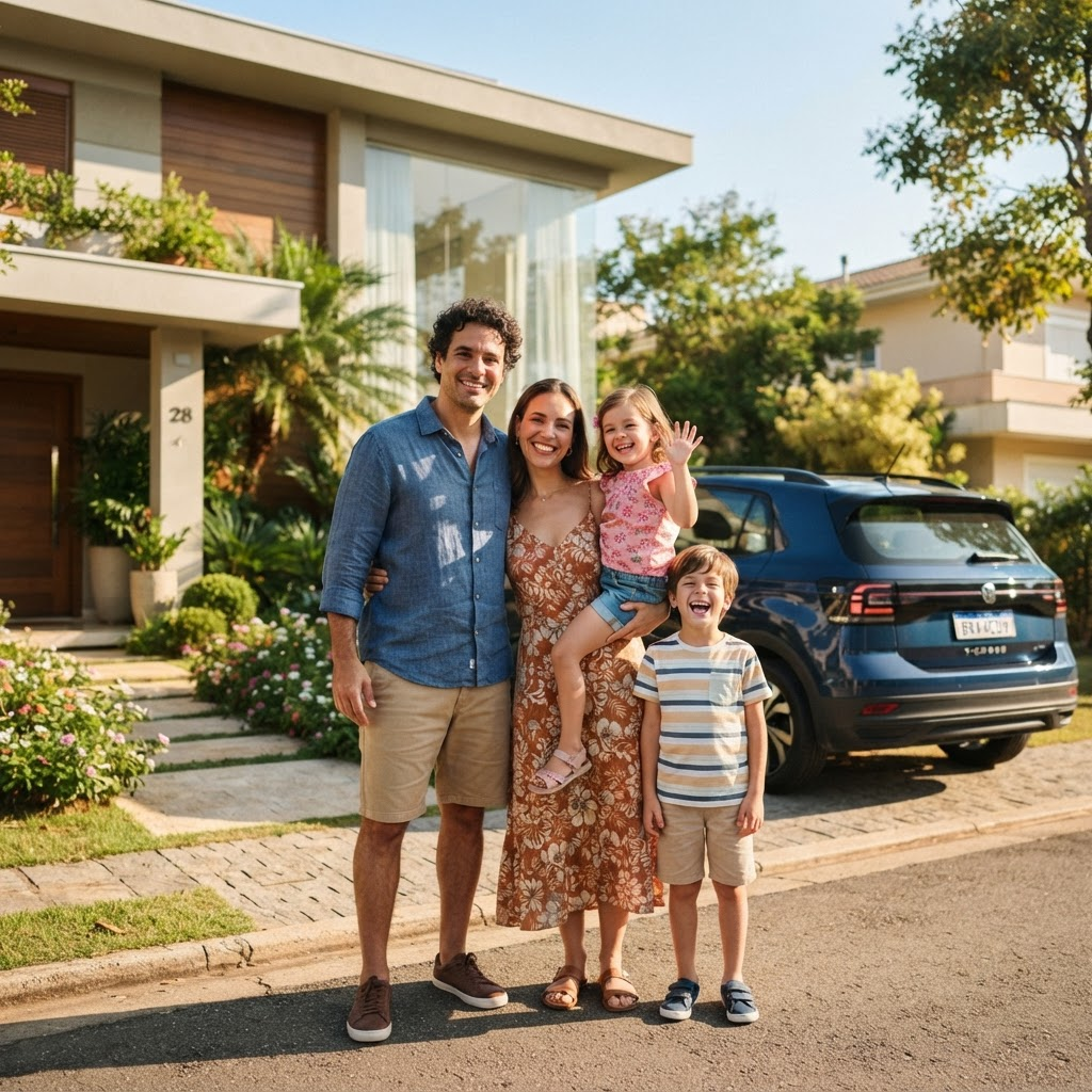 Família protegida sorrindo em frente à casa e ao carro